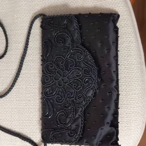 Black satin beaded evening bag